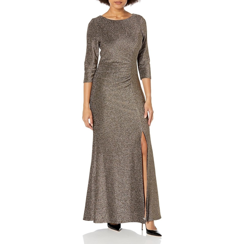 S.L. Fashions‎ Women's Long Metallic Side Ruched Dress with Slit, 16P